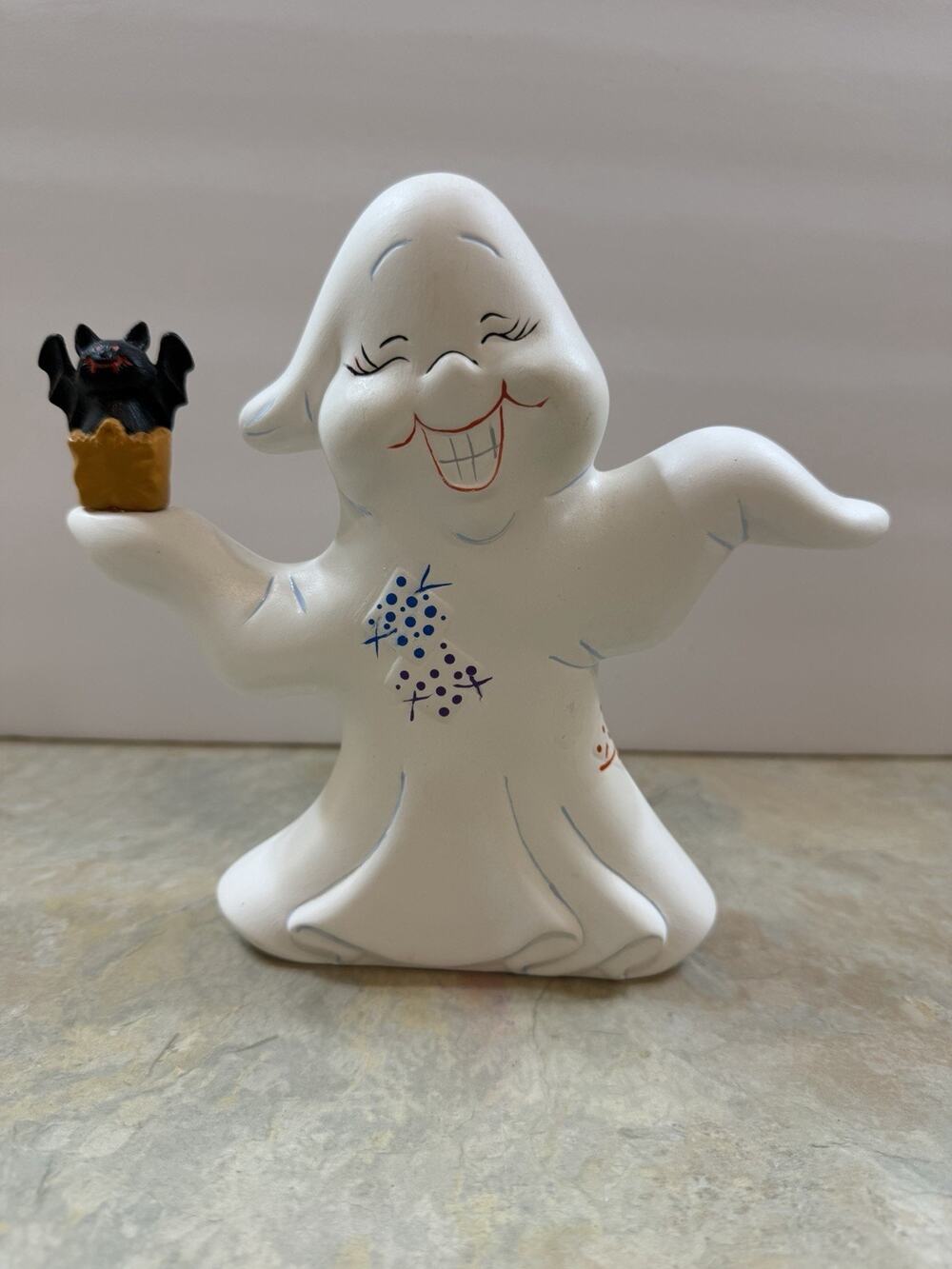 Vintage Lois Mae Thayer Halloween Ghost Ceramic Figurine Bat Signed 8”